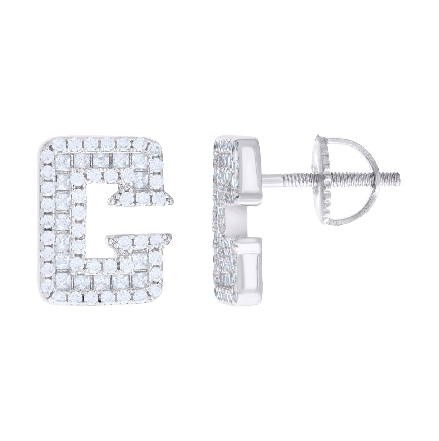 Sterling Silver Unisex Princess-Cut Round Cubic-Zirconia Initial Alphabet G Stud Earrings