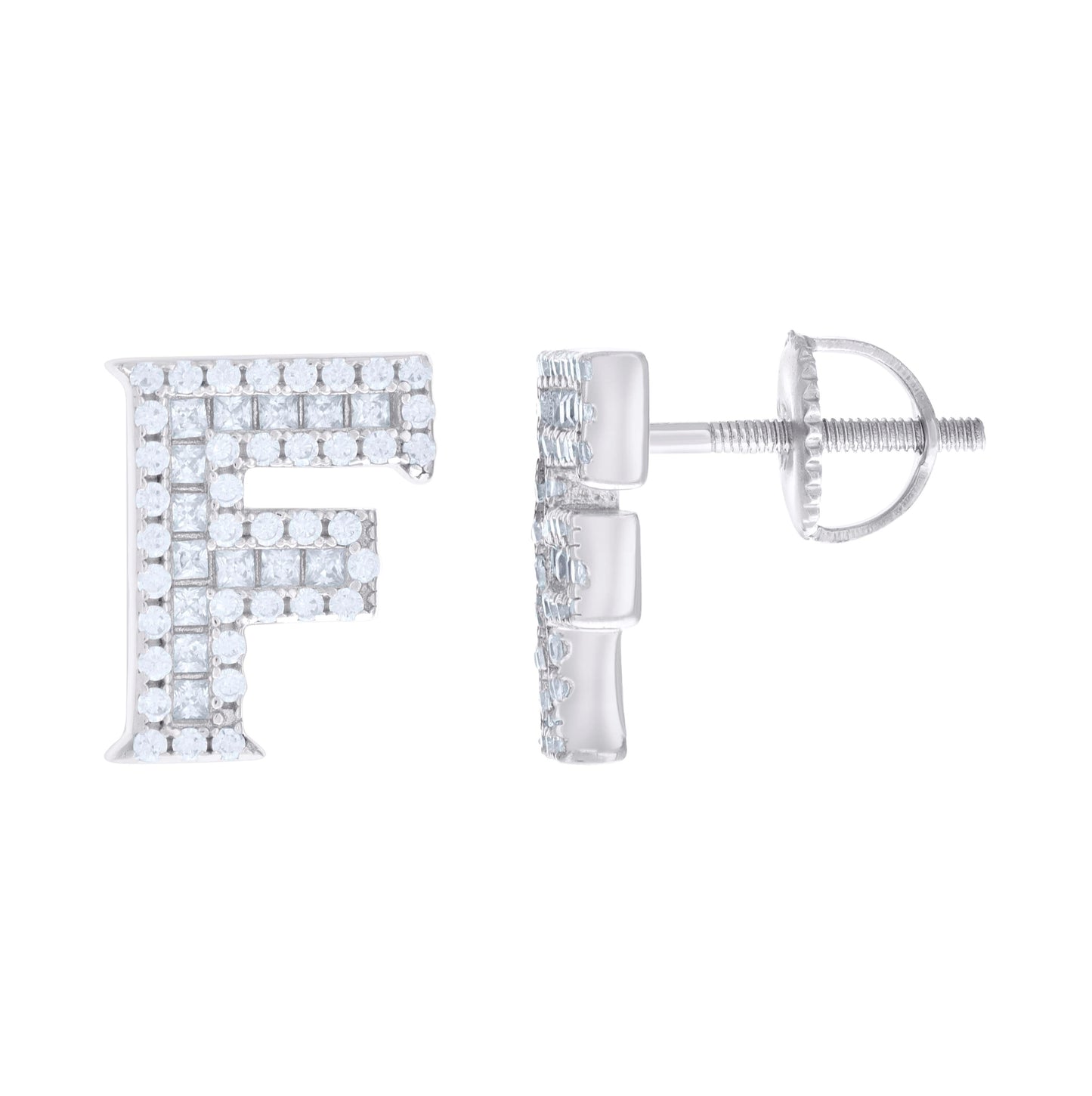 Sterling Silver Unisex Princess-Cut Round Cubic-Zirconia Initial Alphabet F Stud Earrings