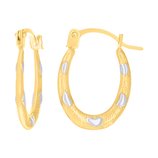 14K Two-tone Gold Womens Heart Oval Hoop Earrings