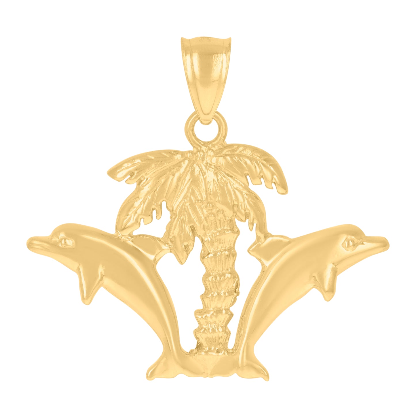 10K Yellow Gold Womens Hawaiian Palm Tree Double Dolphin Animal Charm Pendant