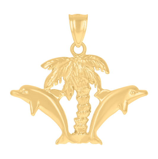10K Yellow Gold Womens Hawaiian Palm Tree Double Dolphin Animal Charm Pendant