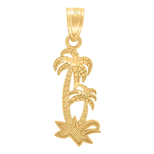 10K Yellow Gold Womens Nugget Textured Palm Trees Charm Pendant