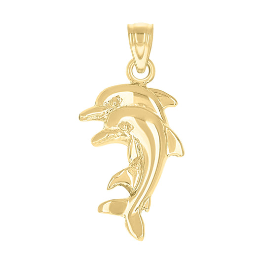 10K Yellow Gold Womens Double Dolphin Animal Charm Pendant