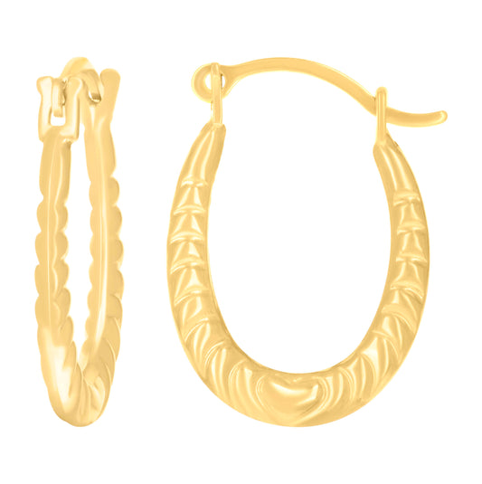 14K Yellow Gold Womens Heart Oval Hoop Earrings