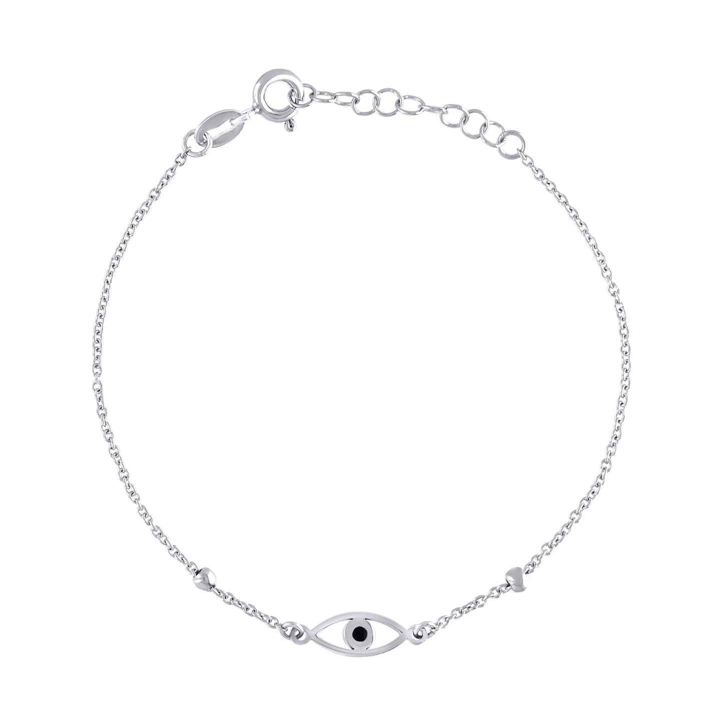Sterling Silver Womens Black Enameled Evil Eye Good Luck Charm Bracelet Size 7.5 Inches
