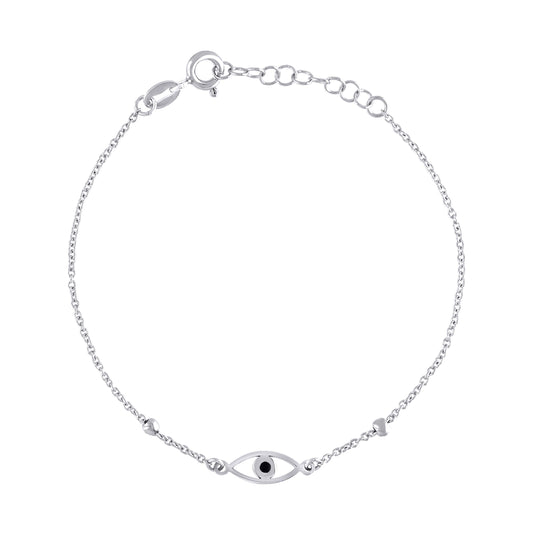 Sterling Silver Womens Black Enameled Evil Eye Good Luck Charm Bracelet Size 7.5 Inches
