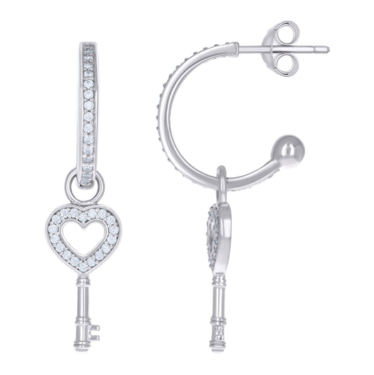 Sterling Silver Womens Cubic-Zirconia Heart Key Dangle Hoop Earrings