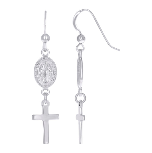 Sterling Silver Womens Miraculous Medal Cross Religious Danglers Earrings