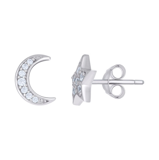 Sterling Silver Womens Cubic-Zirconia Moon Star Fashion Stud Earrings