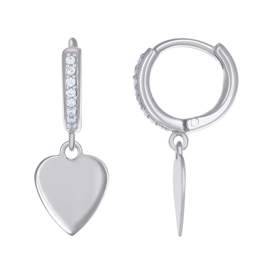 Sterling Silver Womens Cubic-Zirconia Heart Dangle Hoop Earrings