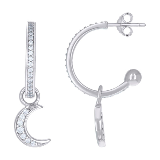 Sterling Silver Womens Cubic-Zirconia Moon Star Fashion Dangle Hoop Earrings