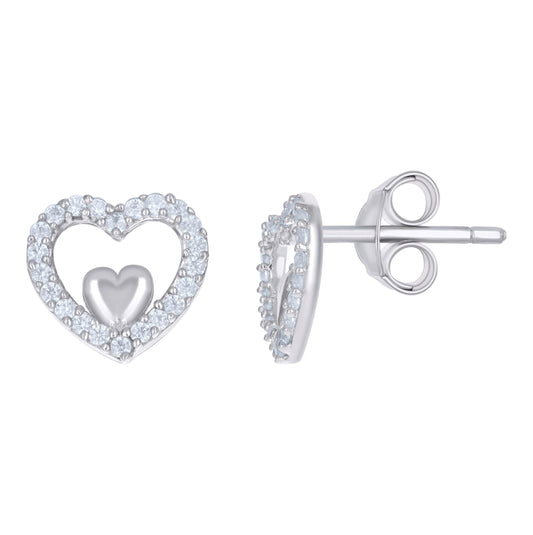 Sterling Silver Womens Cubic-Zirconia Heart Stud Earrings