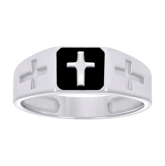 Sterling Silver Mens Black Enameled Cross Religious Bridal Anniversary Wedding Engagement Band Ring