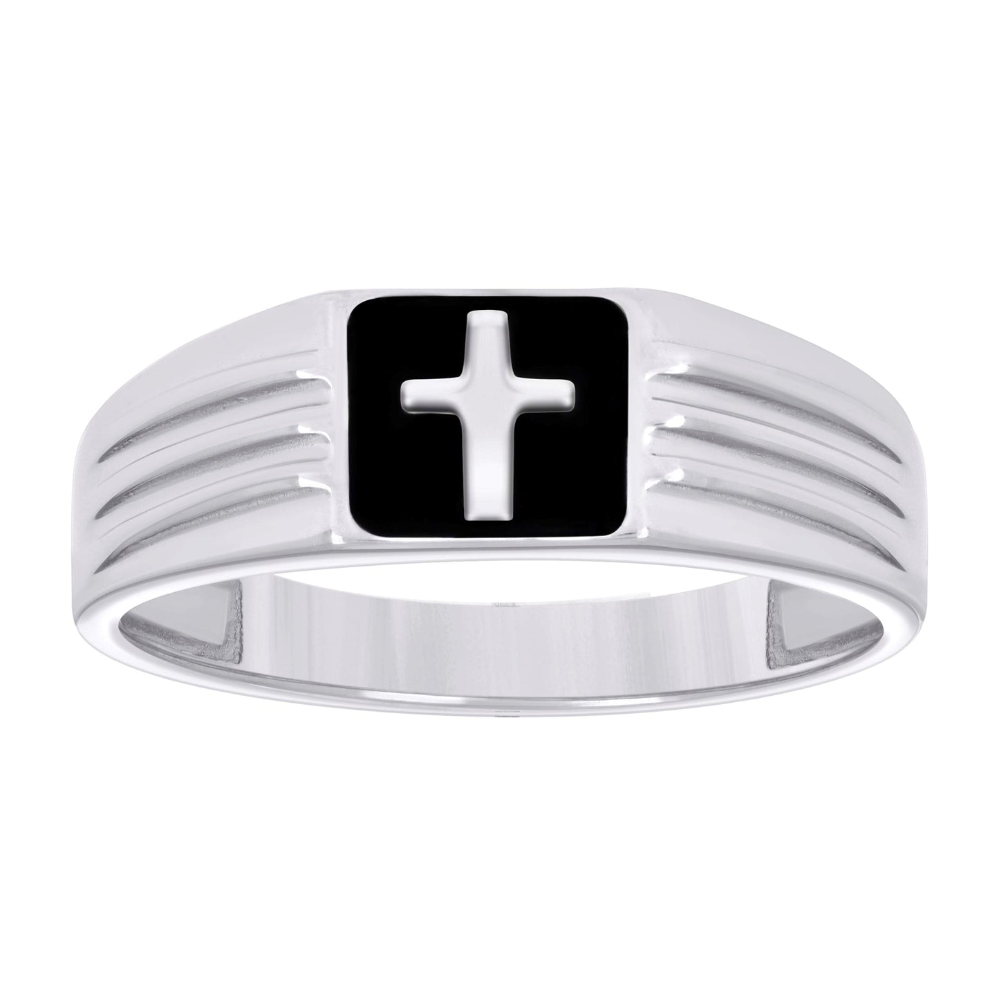 Sterling Silver Men's Black Enameled Cross Religious Bridal Anniversary Wedding Engagement Band Ring