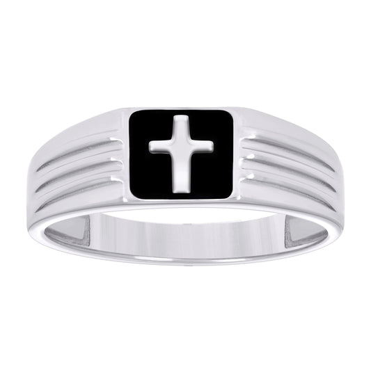 Sterling Silver Men's Black Enameled Cross Religious Bridal Anniversary Wedding Engagement Band Ring
