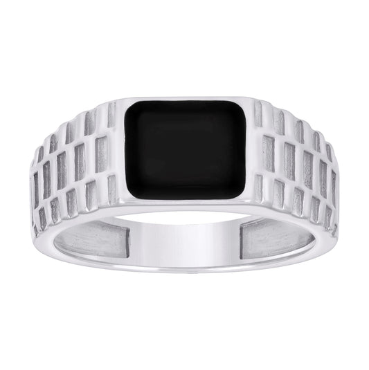 Sterling Silver Mens Black Enameled Square Head Fashion Bridal Anniversary Wedding Engagement Band Ring