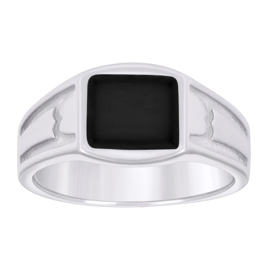Sterling Silver Men's Black Enameled Square Head Fashion Bridal Anniversary Wedding Engagement Band Ring