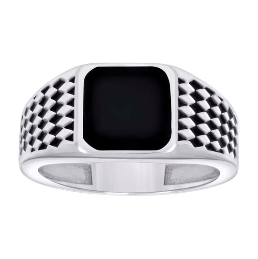 Sterling Silver Men's Black Enameled Square Head Fashion Bridal Anniversary Wedding Engagement Band Ring