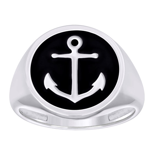 Sterling Silver Mens Black Enameled Anchor Nautical Fashion Bridal Anniversary Wedding Engagement Band Ring