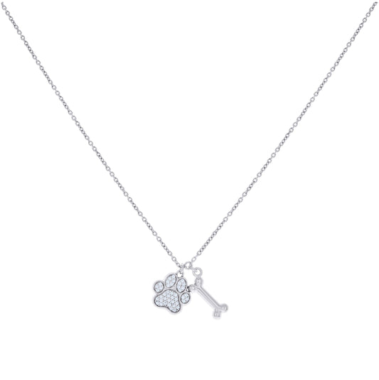 Sterling Silver Womens Cubic-Zirconia Paw Print & Bone Fashion Charm Necklace