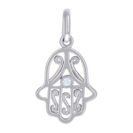 Sterling Silver Unisex Cubic-Zirconia Hamsa Symbol Religious Charm Pendant