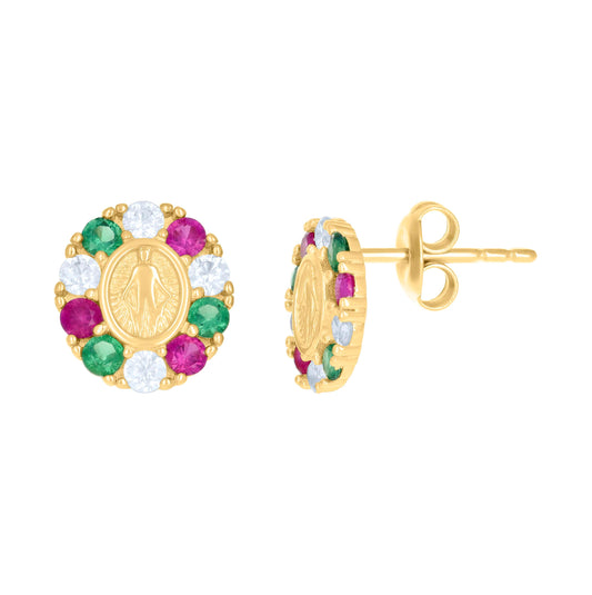 10K Yellow Gold Womens Green/Pink White Cubic-Zirconia Miraculous Medal Religious Stud Earrings