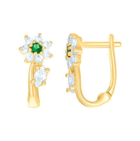 10K Yellow Gold Womens Green White Marquise Round Cubic-Zirconia Flower Fashion Latch Back Earrings