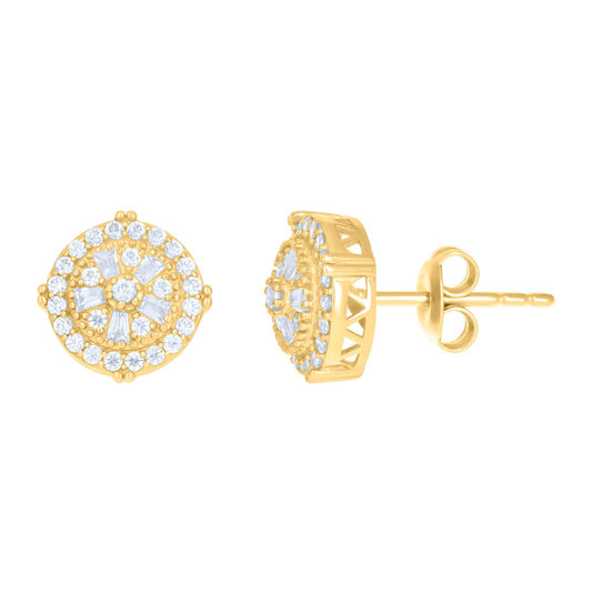10K Yellow Gold Womens Baguette Round Cubic-Zirconia Fashion Stud Earrings