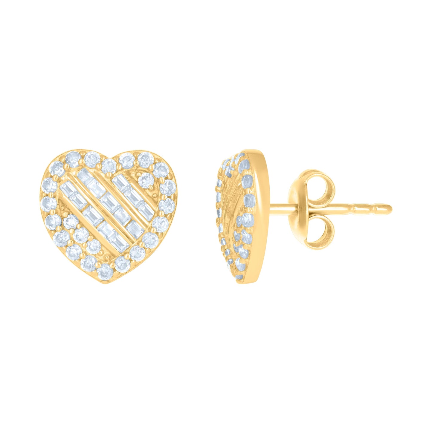 10K Yellow Gold Womens Baguette Round Cubic-Zirconia Heart Stud Earrings