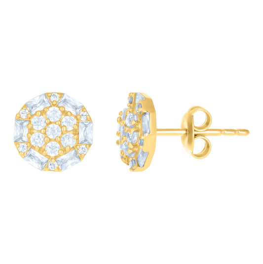 10K Yellow Gold Womens Baguette Round Cubic-Zirconia Fashion Stud Earrings
