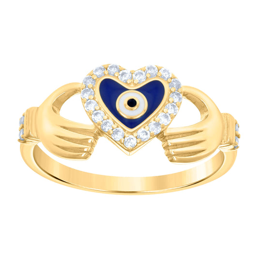 10K Yellow Gold Womens Cubic-Zirconia Heart Evil Eye Good Luck Ring