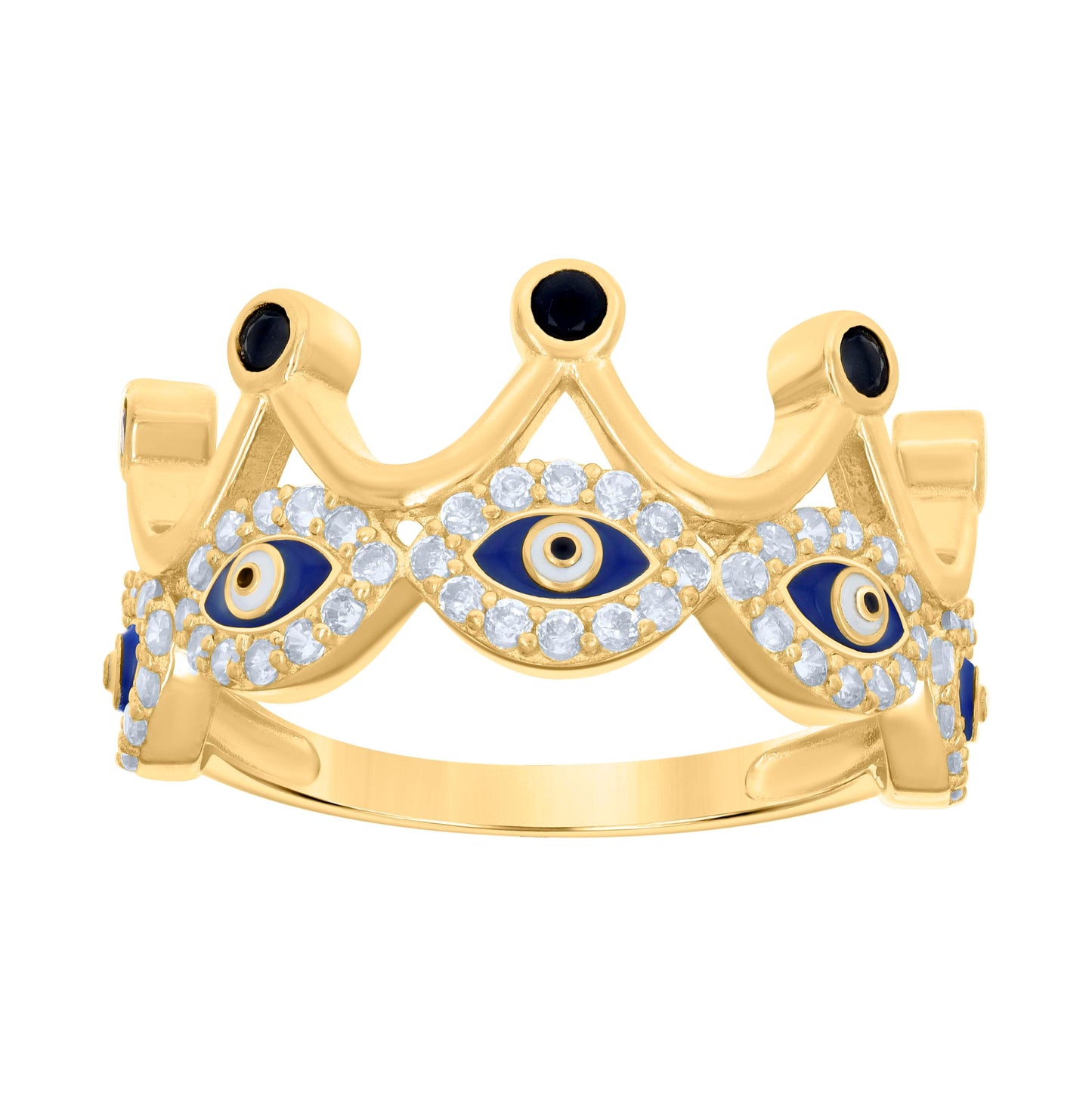 10K Yellow Gold Womens Black White Cubic-Zirconia Crown Evil Eye Good Luck Ring