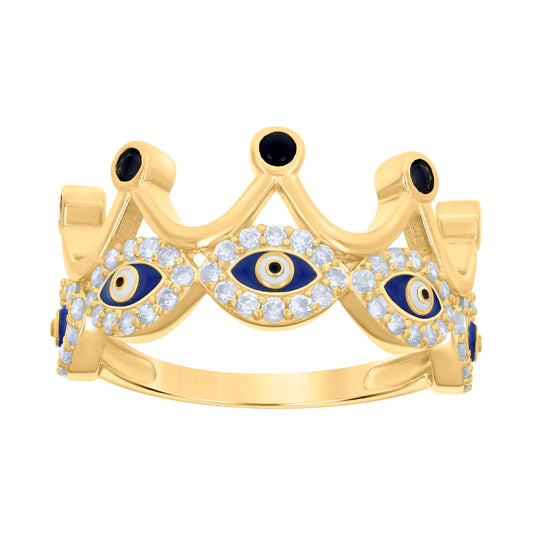 10K Yellow Gold Womens Black White Cubic-Zirconia Crown Evil Eye Good Luck Ring