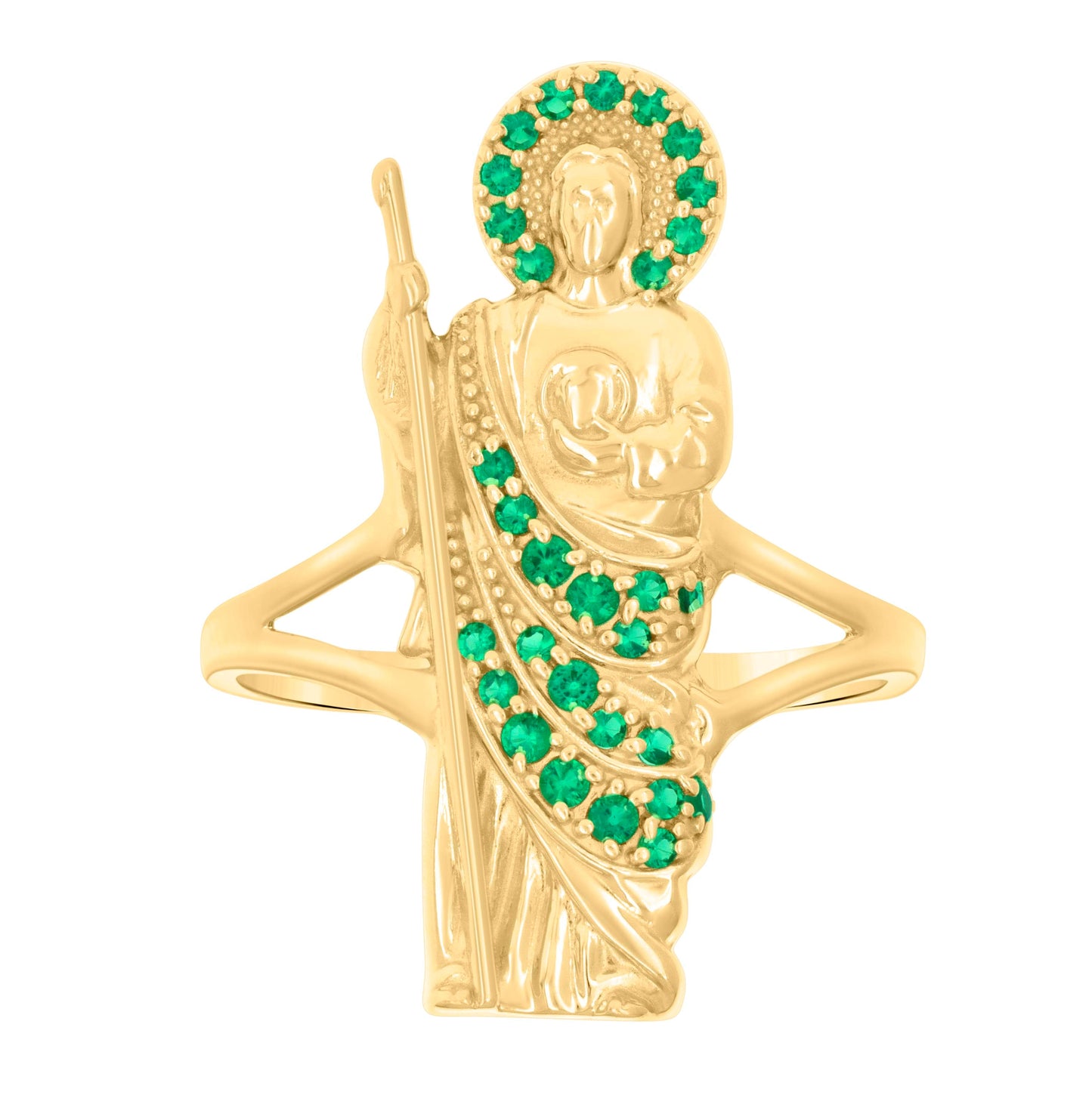 10K Yellow Gold Womens Green Cubic-Zirconia St. Jude Saints Religious Ring