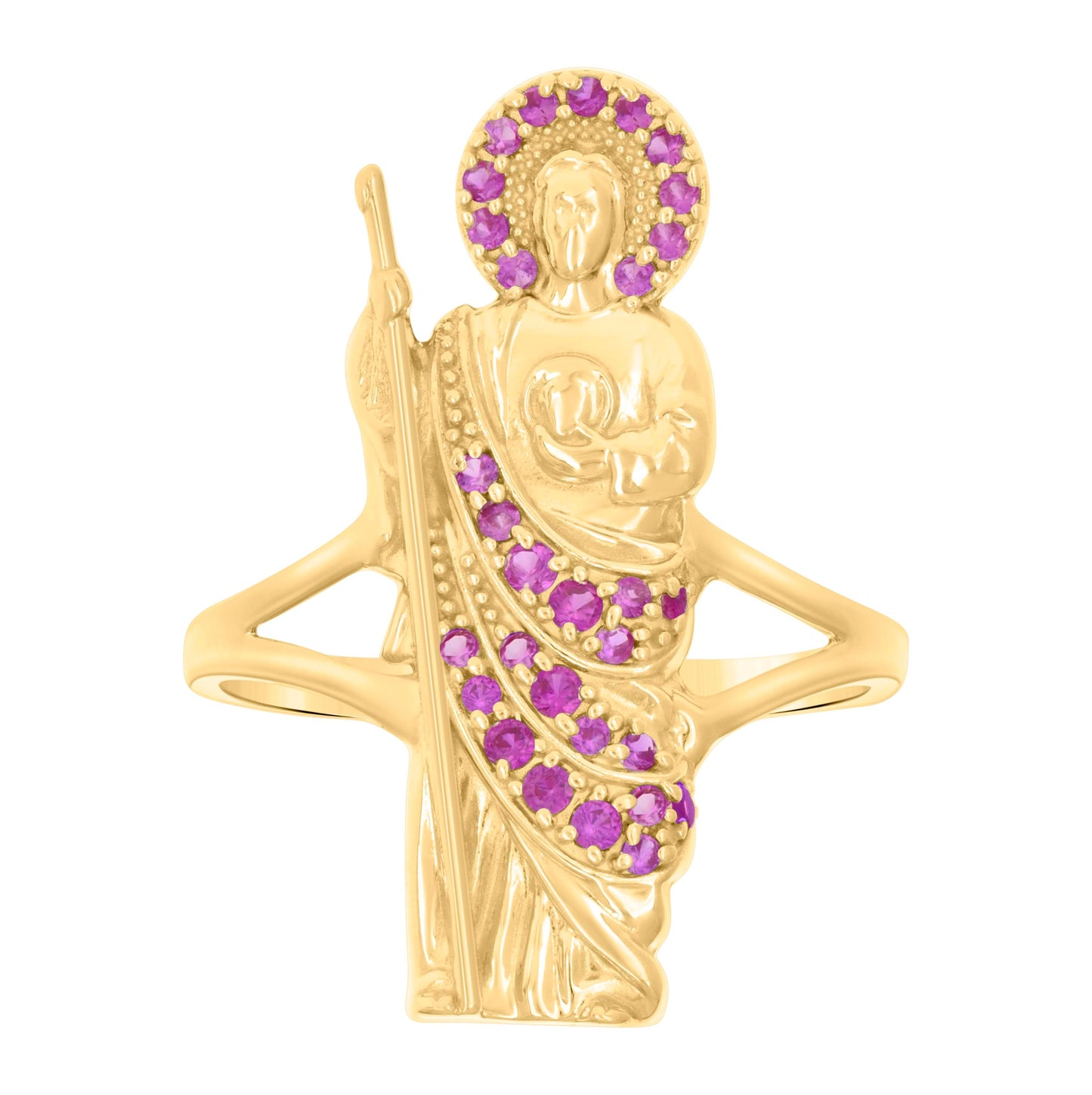 10K Yellow Gold Womens Pink Cubic-Zirconia St. Jude Saints Religious Ring