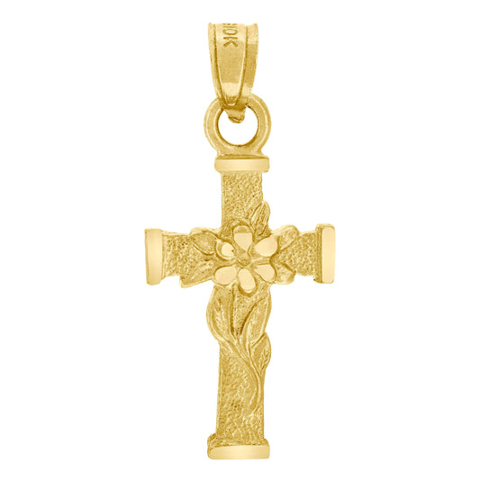 10K Yellow Gold Mens Women Textured Flower Cross Religious Charm Pendant