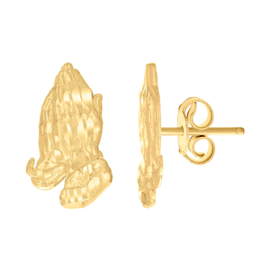 10K Yellow Gold Womens Praying Hands Religious Stud Earrings