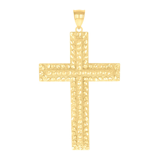 10K Yellow Gold Mens Nugget Cross Religious Charm Pendant