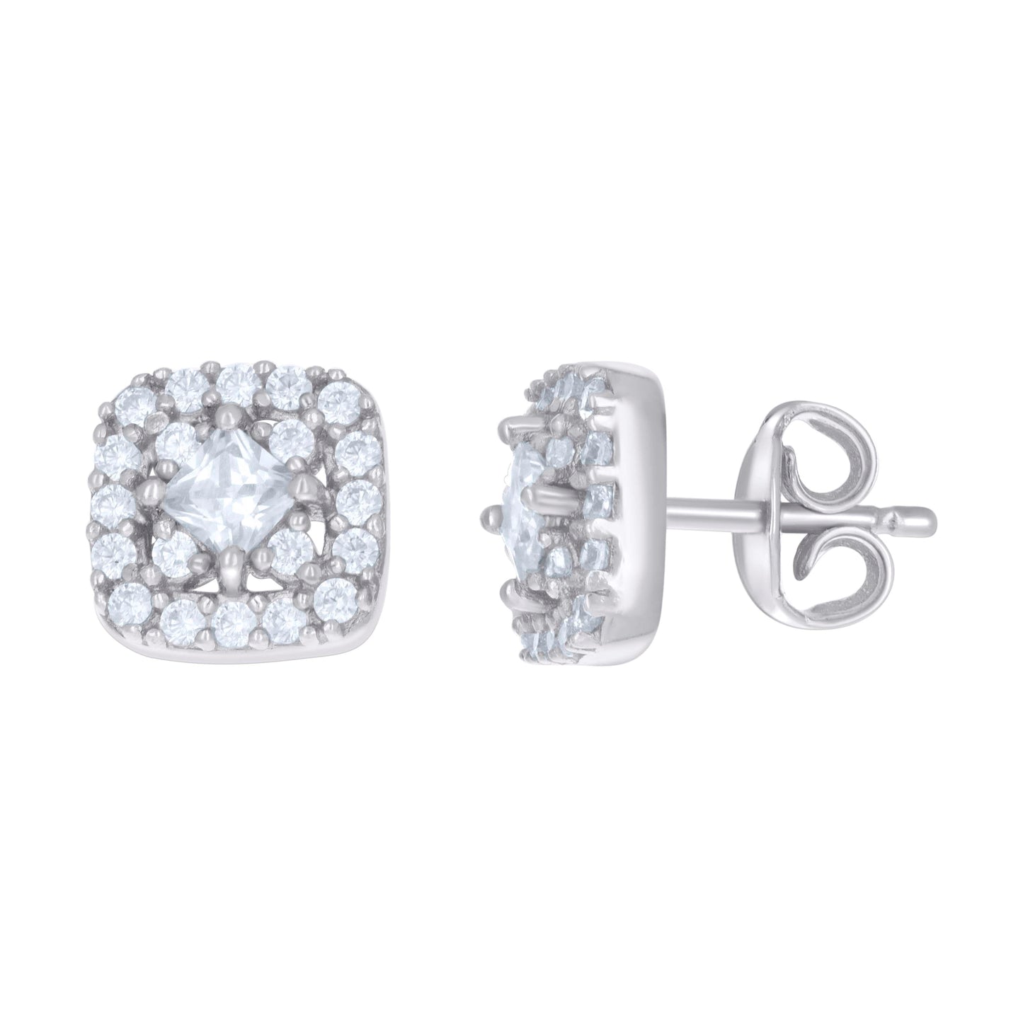 Sterling Silver Womens Princess-Cut Round Cubic-Zirconia Square Stud Earrings