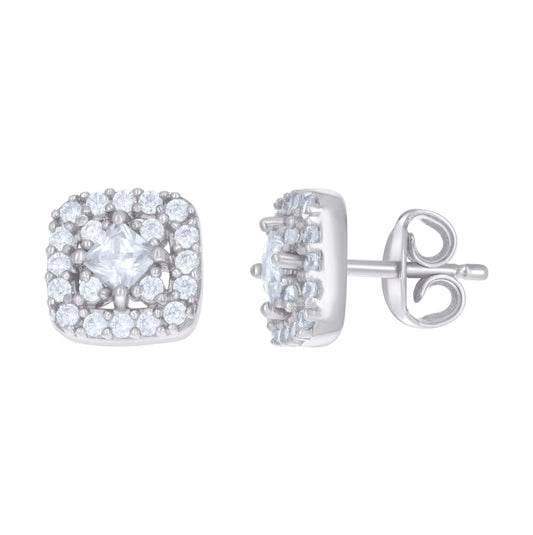 Sterling Silver Womens Princess-Cut Round Cubic-Zirconia Square Stud Earrings