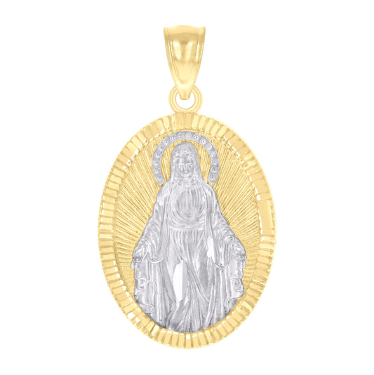 10K Two-tone Gold Womens Oval Virgin Mary Religious Charm Pendant