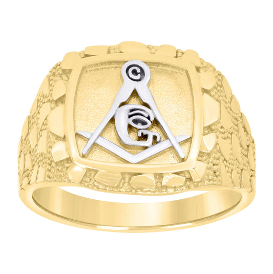 10K Two-tone Gold Mens Textured Masonic Symbol Religious Ring