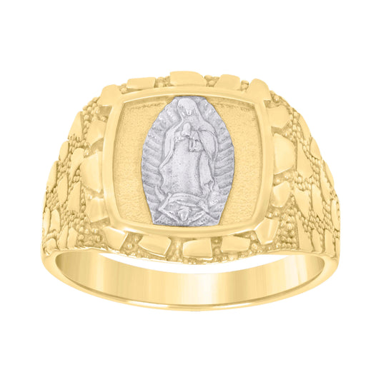 10K Two-tone Gold Mens Textured Guadalupe Religious Ring