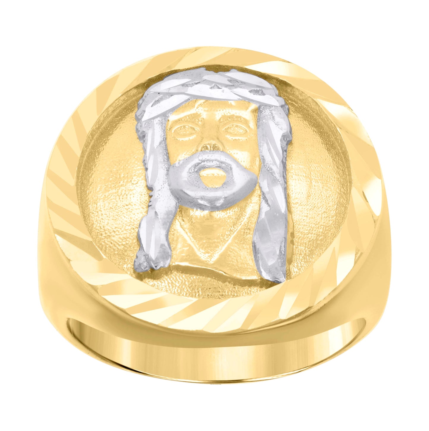 10K Two-tone Gold Mens Diamond-Cut Jesus Religious Ring
