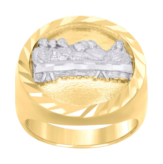 10K Two-tone Gold Mens Diamond-Cut Last Supper Religious Ring