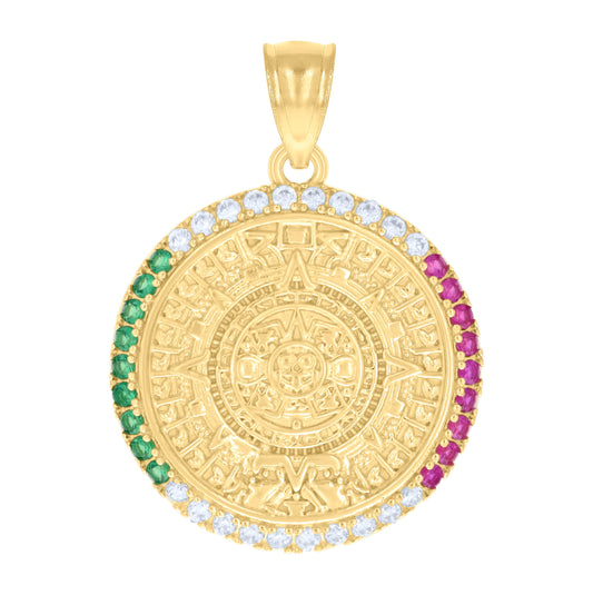 14K Yellow Gold Mens Green/Pink White Cubic-Zirconia Aztec Calendar Fashion Charm Pendant