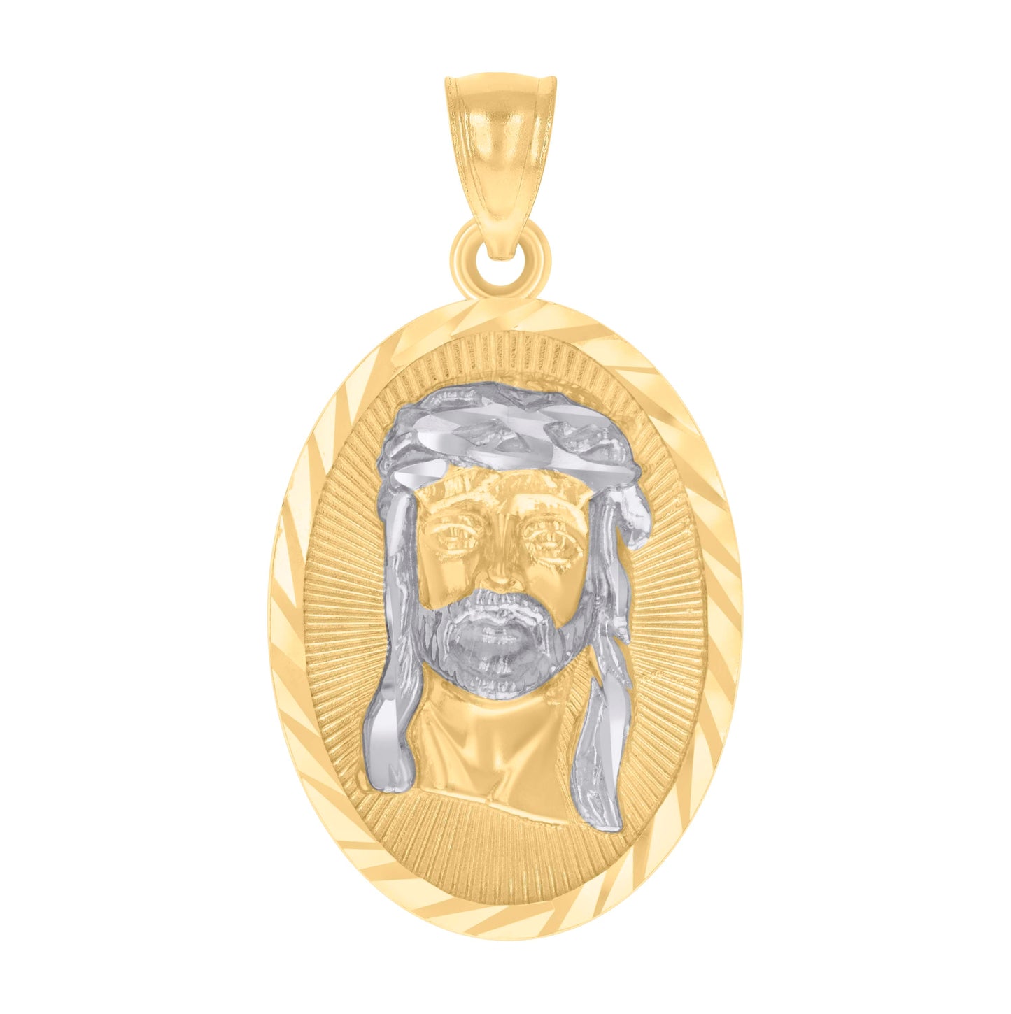 14K Two-tone Gold Mens Oval Jesus Religious Charm Pendant