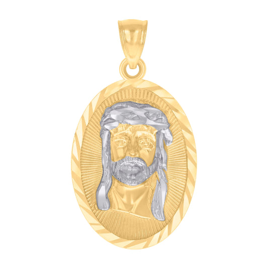 14K Two-tone Gold Mens Oval Jesus Religious Charm Pendant