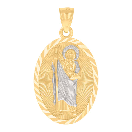 14K Two-tone Gold Mens Oval St. Jude Religious Charm Pendant