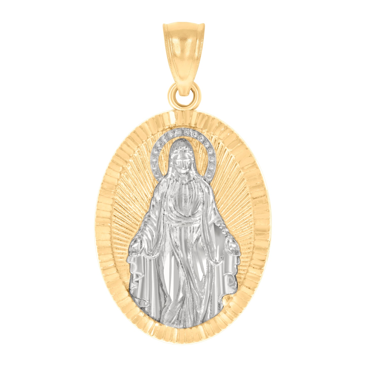 14K Two-tone Gold Mens Miraculous Medal Virgin Mary Religious Charm Pendant